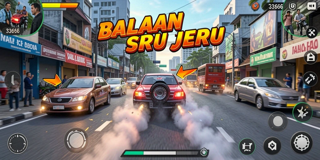 Tampilan utama gameplay 333666 saat balapan di jalanan.