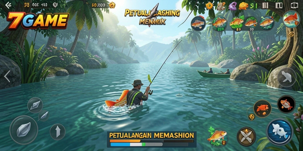 Screenshot gameplay 7GAME yang menampilkan aksi memancing seru.