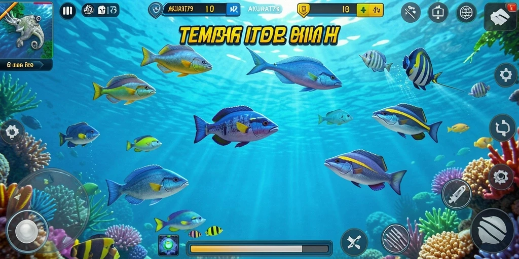 Tampilan gameplay AKURAT79 yang penuh dengan ikan berwarna-warni.