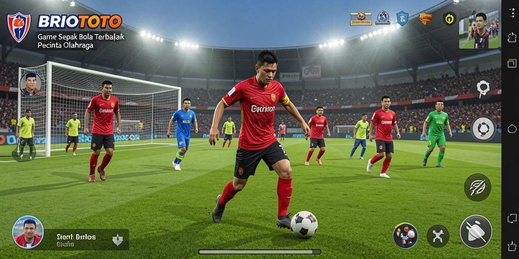 Tangkapan layar gameplay BRIOTOTO yang menampilkan aksi pertandingan sepak bola.