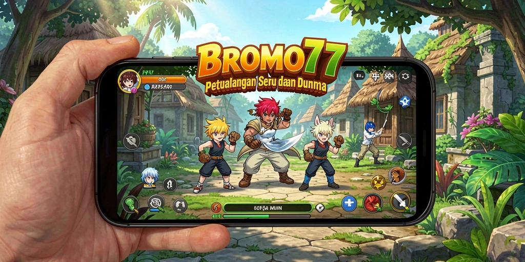 Tampilan gameplay seru dari BROMO77 dengan karakter anime beraksi.