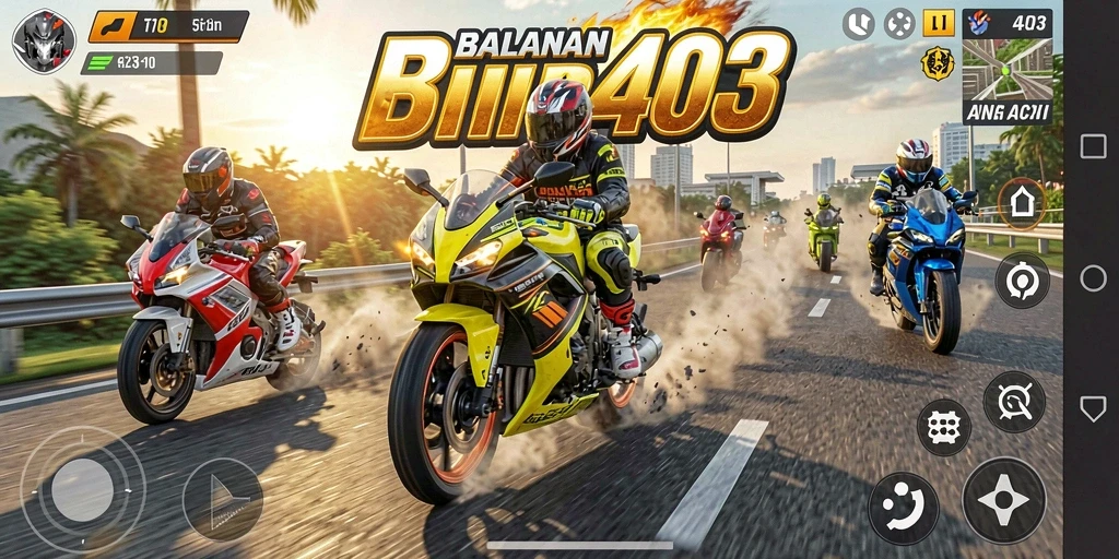 Screenshot dari gameplay seru di KING403 menunjukkan aksi balapan motor.