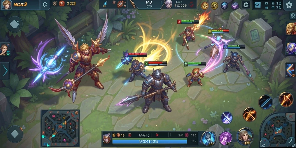 Tampilan gameplay seru dalam pertarungan MOBA yang intens.