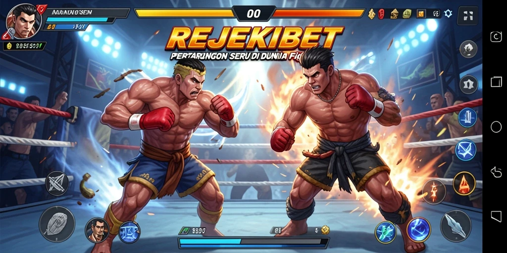 Screenshot utama REJEKIBET menampilkan pertarungan yang intens dan karakter unik.