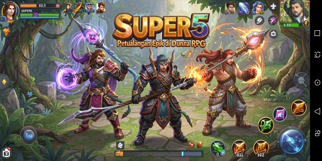 Tampilan gameplay SUPER5 yang menampilkan karakter dalam pertempuran epik.