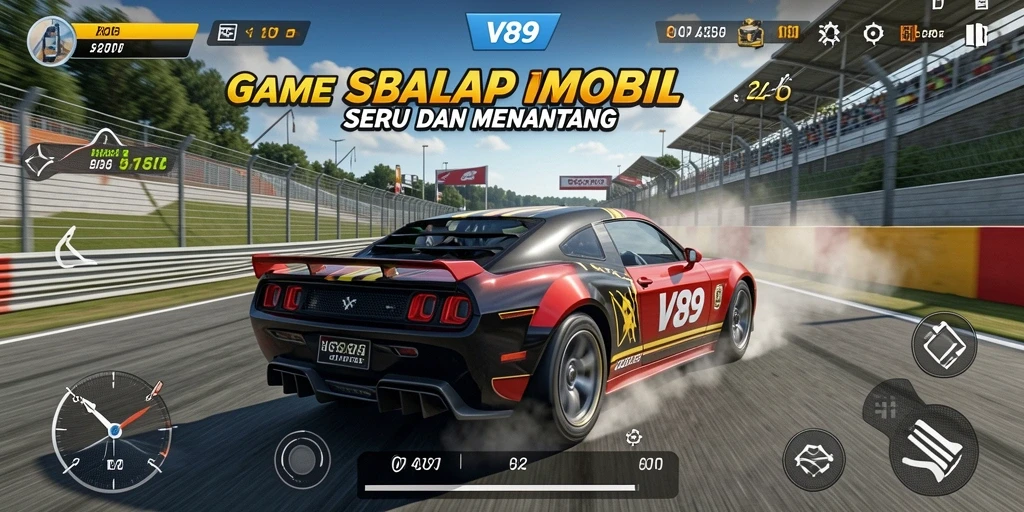 Screenshot gameplay seru dari V89 yang menunjukkan aksi balapan.